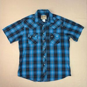Wrangler Men's Blue and Black Plaid Western Pearl Snap Shirt Size Large